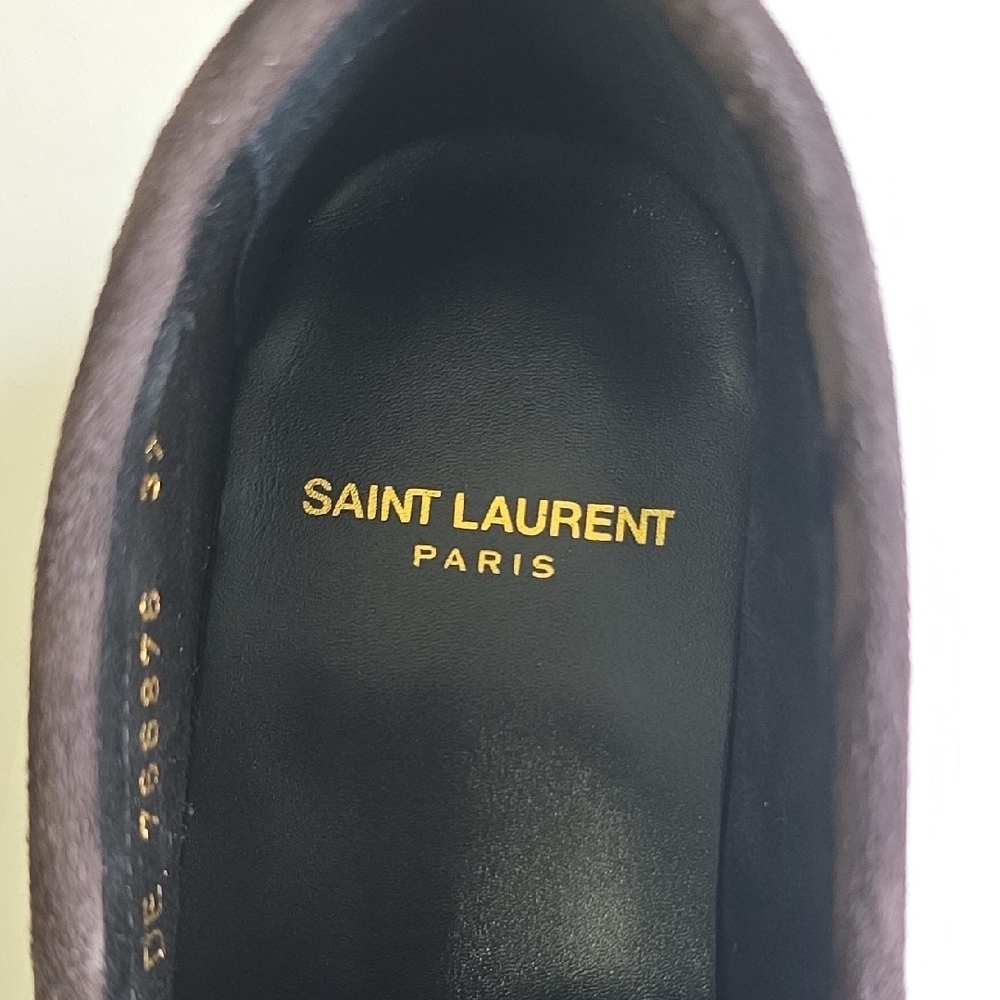 Saint Laurent Brown Suede Penny Loafers with Gold YSL Accent - Picture 10 of 13